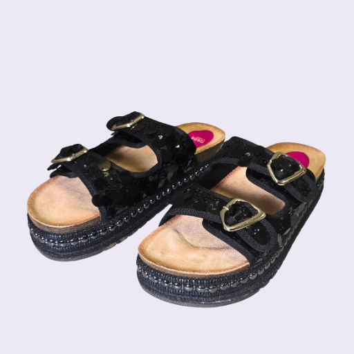 35 Stylish Black Slip-On Flat with Buckle & Sequin Detailing - Image 1