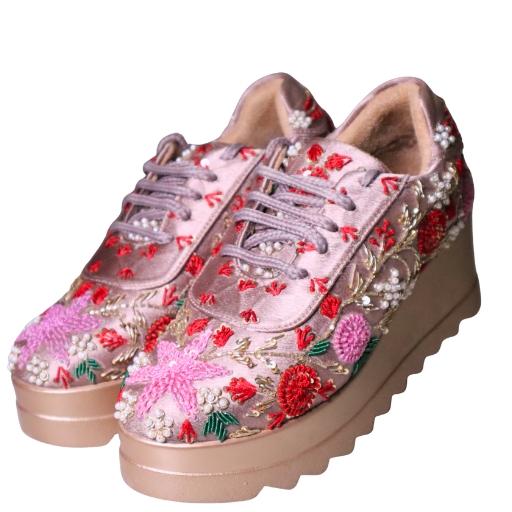 24 Elegant Embroidered Bridal Shoes – Pink Floral Design - Image 1