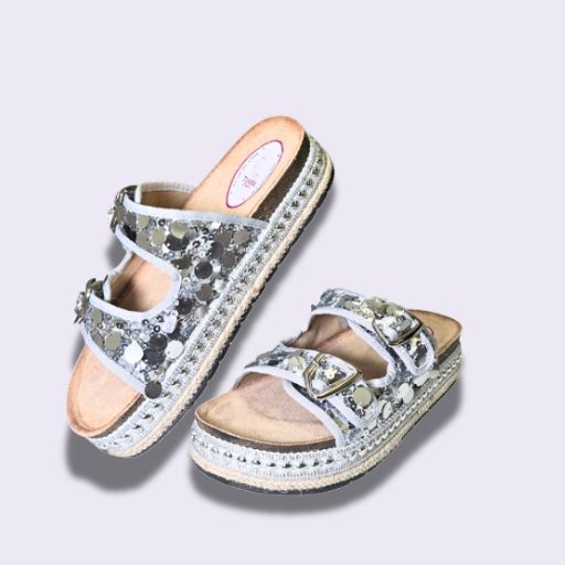27 Stylish Silver Slip-On Flat with Buckle & Sequin Detailing - Image 4