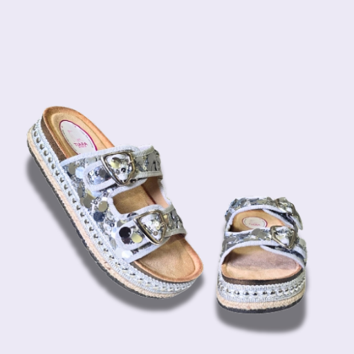 29 Stylish Silver Slip-On Flat with Buckle & Sequin Detailing - Image 2